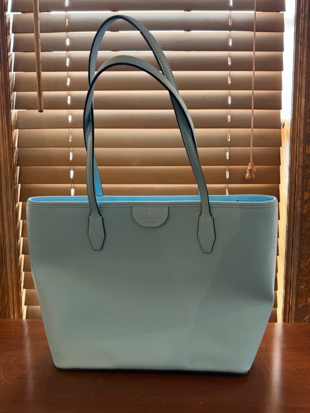 Kate Spade New York Pebbled Leather Zip Top Tote Light Blue Shoulder Bag Large
